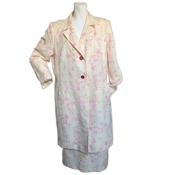 Harve Benard Vintage Ivory Floral Linen Blend Long Jacket and Skirt Suit… - Picture 2 of 7